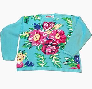 Vintage 90s Pivot Rules Sweater Womens M Turquoise Pink Floral Cotton Knit Crew